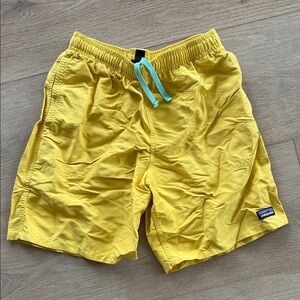 Patagonia Bright Yellow Athletic Shorts with Aqua Drawstring